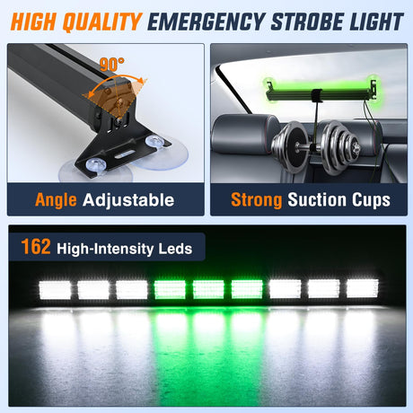 162 LED Traffic Advisor Strobe Light Bar 2-in-1 Green White Emergency Warning Hazard Lights with Controller 4 Switchable Color 36 Flash Pattern for Trucks Cars Tow Plow Construction Vehicles