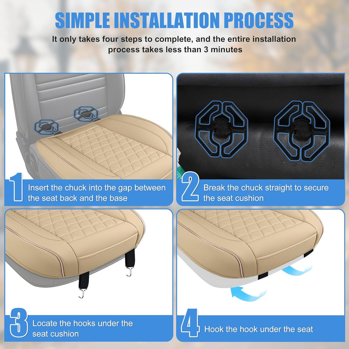 Car Seat Cushion Cover Beige Leather Front Seats Waterproof Anti-Slip with Storage Bag Wraps Bottom Fits Cars Sedan Van SUV Truck