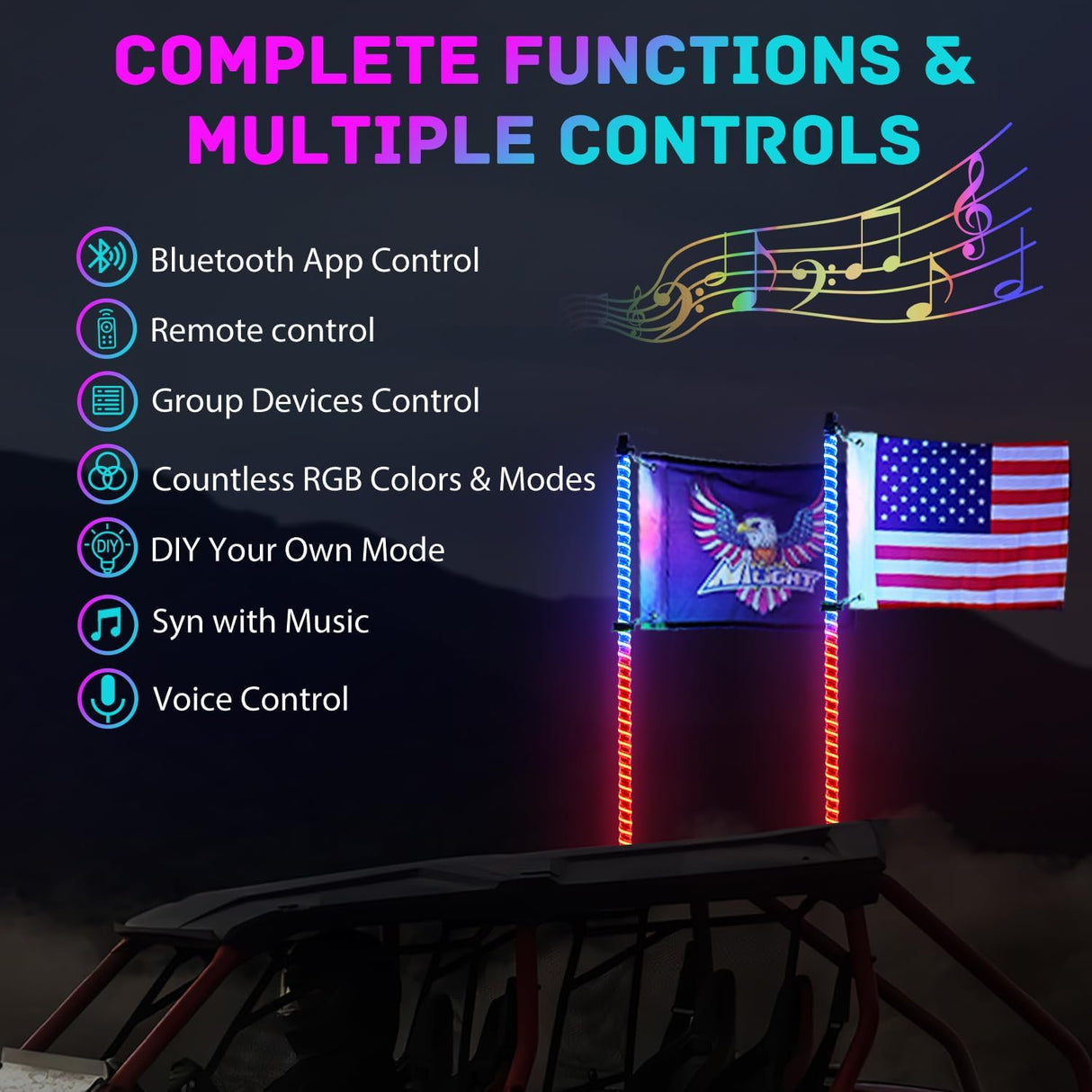 LED Whip Light 2 PCS 3FT COB RGB Lighted Antenna Whips with Spring Base Remote & App Control DIY Patterns Turn Brake Reverse Lights for Can-am Offroad ATV UTV RZR Polaris Dune Buggy Truck