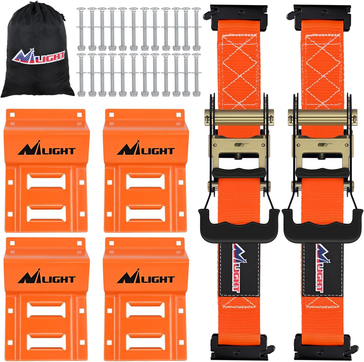 Wheel Chock Tie Down Kit 4500lb Break Strength 2Pcs E Track Ratchet Straps 4 Pcs Heavy Duty Trailer Tire Straps System for ATV, UTV, Lawn Mower,SXS 10 in-30 in Diameter Tires Orange
