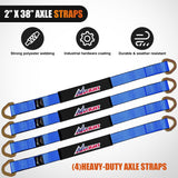 2 Inch x 38 Inch Axle Tie Down Straps with D-Rings & Protective Sleeves | 11,127 LBS Break Strength for Car Haulers Engine Hoists Trucks Trailers and UTVs 4 Pack Blue