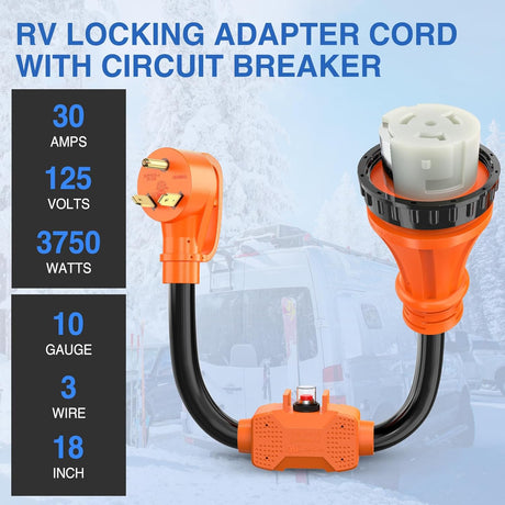 RV Locking Adapter Cord with Circuit Breaker Overload Protector 30 Amp to 50Amp Dogbone Plug 10 Gauge Wire ETL Listed TT-30P to SS2-50R 30M/50F Weatherproof for RVs Camper Caravan Van Trailer