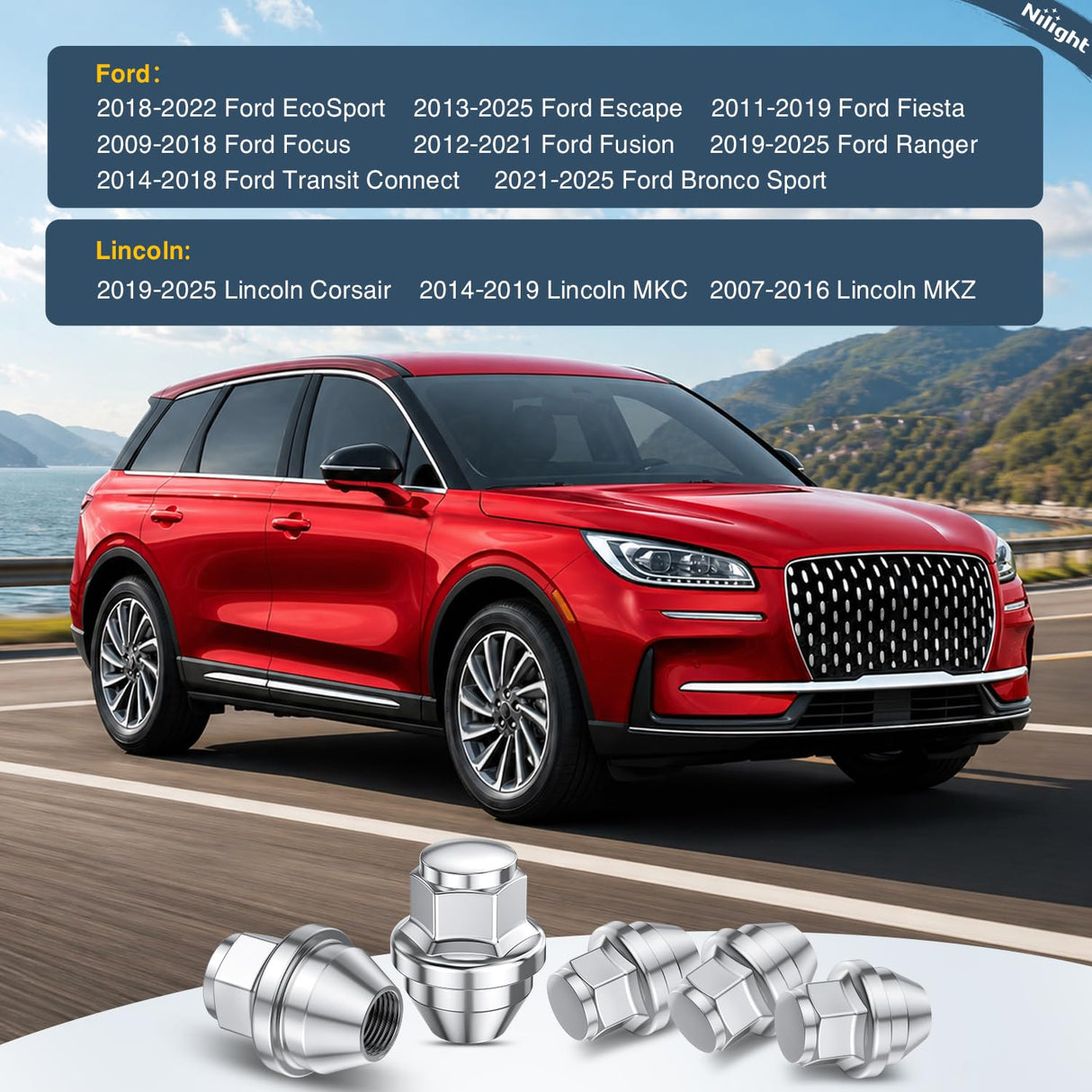 20PCS M12x1.5 Lug Nuts Compatible with 2013-2025 Ford Escape | for 2012-2021 Fusion 2021-2025 Bronco Sport 2014-2019 Lincoln MKC One-Piece Solid Chrome Steel OEM Factory Wheel Nuts Replace