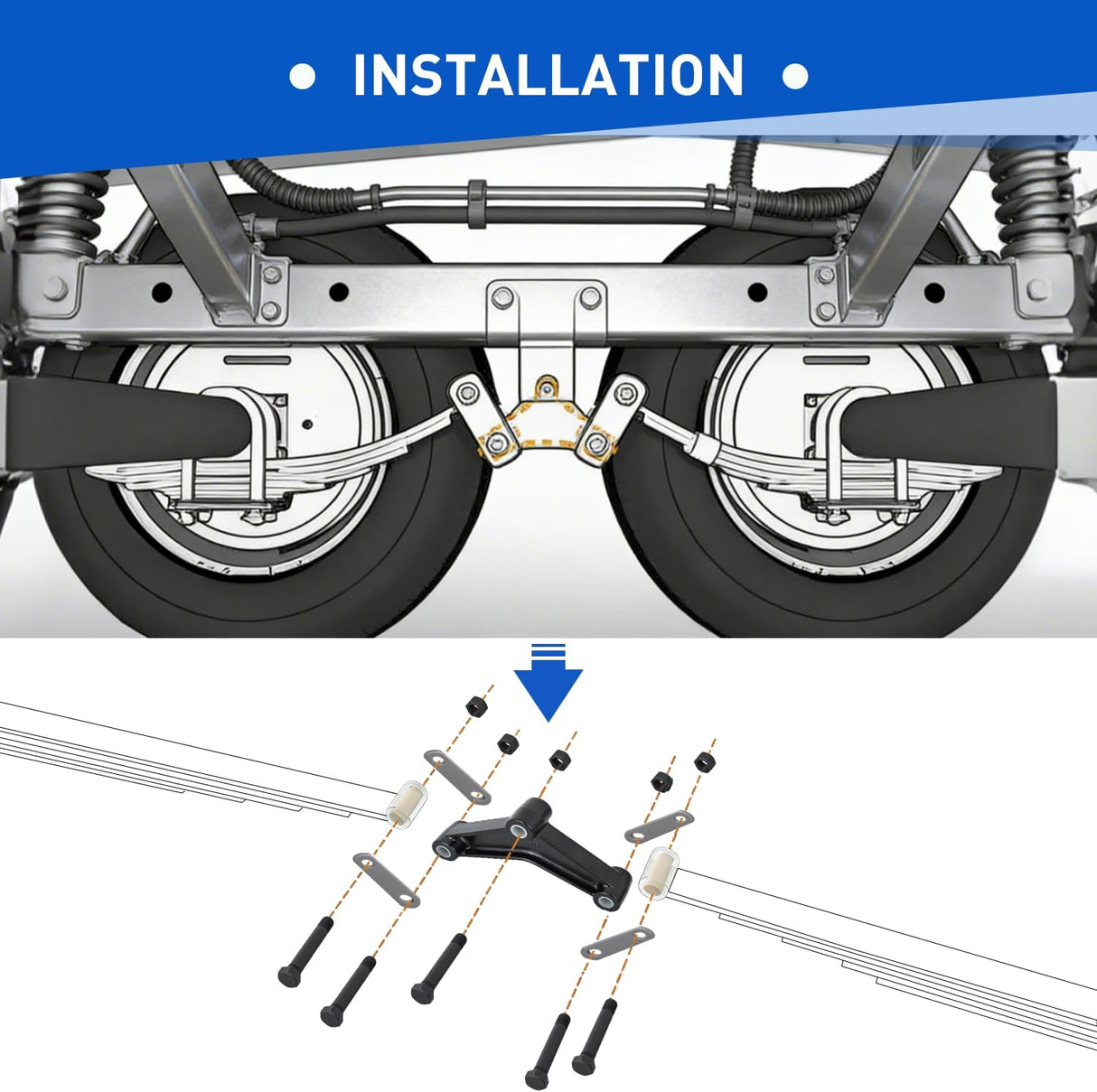Trailer Axle Equalizer Shackle Kit Double Eye Springs Suspension | Fits 3500 to 5200 lbs Axles Dual Stage Anti Rust Coating includes Nylon Bushings Bolts Nuts Straps Repair Parts Black