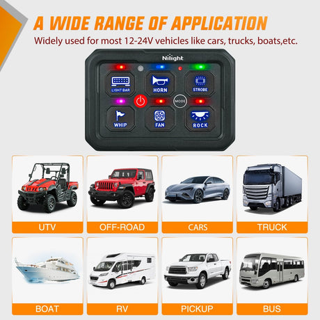 6 Gang Switch Panel Blue Circuit Control Relay System with Fuse Wiring Harness Toggle Momentary Strobe Flash Modes Automatic Dimmable ON Off Pod 12V 24V for Car Truck Camper SUV