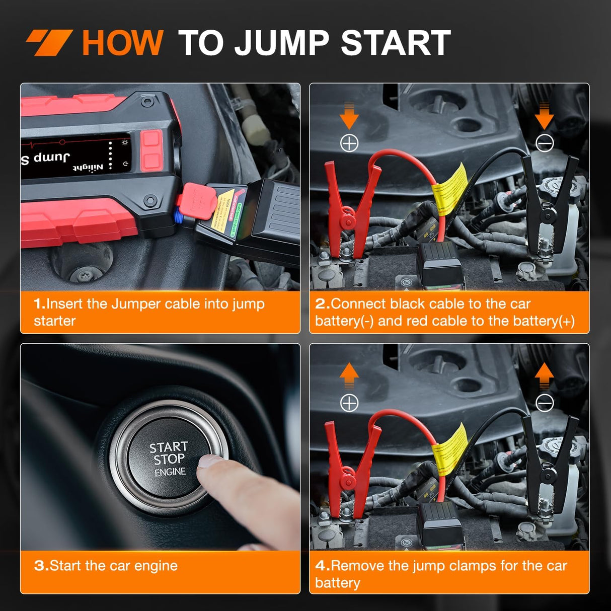 1000A Car Battery Jump Starter for Up to 6.0L Gas & 4.0L Diesel Engines 12V Portable Jump Start Booster Pack Jump Box with Jumper Cables DC Output and LED Light