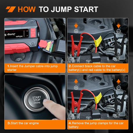 1000A Car Battery Jump Starter for Up to 6.0L Gas & 4.0L Diesel Engines 12V Portable Jump Start Booster Pack Jump Box with Jumper Cables DC Output and LED Light