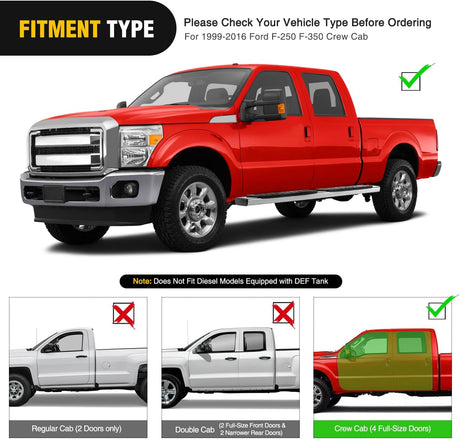 Running Boards for 1999 2000 2001 2002 2003 2004 2005 2006 2007 2008 2009 2010 2011 2012 2013 2014 2015 2016 Ford F-250 F-350 Crew Cab 4 Full Size Doors 6 Inch Bolt-on Step Nerf Bars Silver