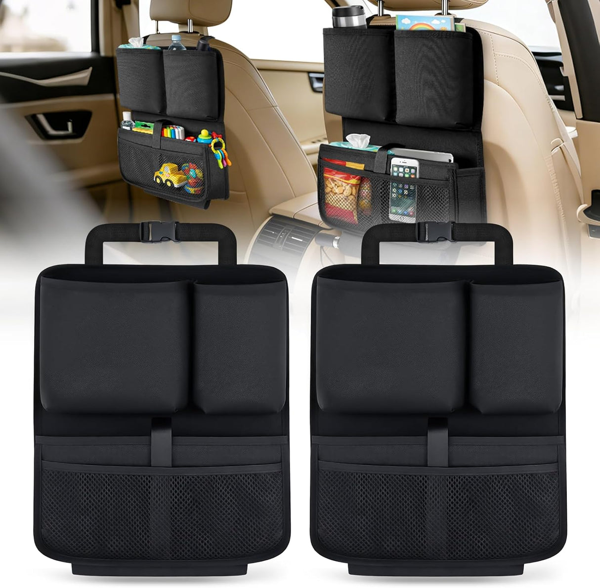 Car Seat Back Organizer 2PCS Black Oxford Fabric Universal | Multi Compartment Cup Holder Hanging Storage Bag Scratch Resistant Durable Design for Cars Vans SUVs MPVs Pickup Trucks