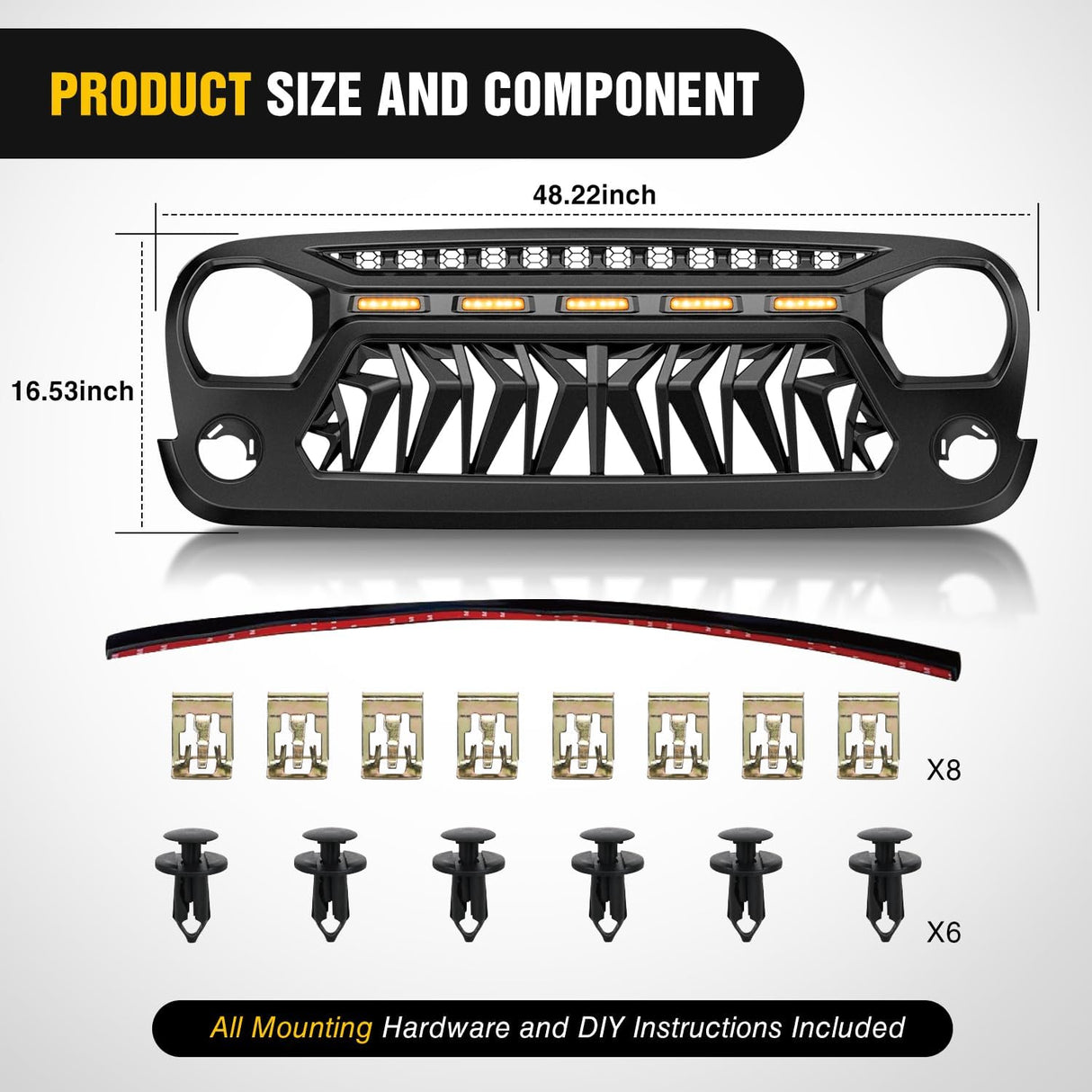 Front Grill Cover for 2007 2008 2009 2010 2011 2012 2013 2014 2015 2016 2017 2018 Wrangler JK/JKU Rubicon & Sahara Sport with LED Amber Lights Black