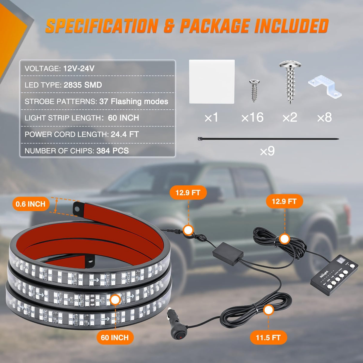 60 Inch Emergency Strobe Light Strips with Controller Red Blue | 384LED Flashing Warning Hazard Safety for Rear Window Tailgate on Truck Trailer Construction Plow Pickup Tow SUV Vehicles