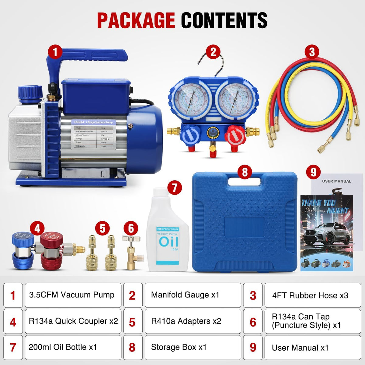AC Vacuum Pump and Gauge Set, 3.5 CFM 1/4 HP 110V Single Stage HVAC Vacuum Pumps & Manifold Gauge Set Kit for R22 R404a R134a R410a, for Auto Air Conditioning Servicing Refrigerant Recharging