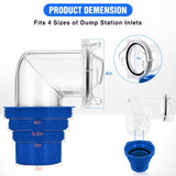 90 Degree RV Sewer Hose Fittings with 4-in-1 Adapter, Clear RV Sewer Hose Elbow Leak-Proof Connection & Odor-Tight Seal Fits 4 Sizes of Dump Station Inlets for Campers Travel Trailers, Blue