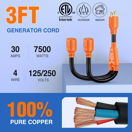 4 Prong 30 Amp Generator Splitter Y Adapter NEMA L14-30P to 2 ×L14-30R 125/250V 7500W Locking Power Cable 10 AWG STW Wire ETL Listed for Manual Transfer Switch Generators RV Camper Outdoor