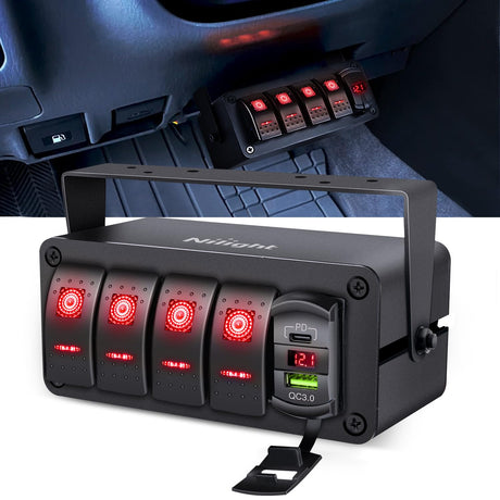 4 Gang Rocker Switch Box 12V SPST ON Off Toggle Switches PD Type C and QC 3.0 USB Charger Voltmeter LED Light Waterproof Aluminum Mount Bracket Panel DIY Stickers for Boat Car RV Truck