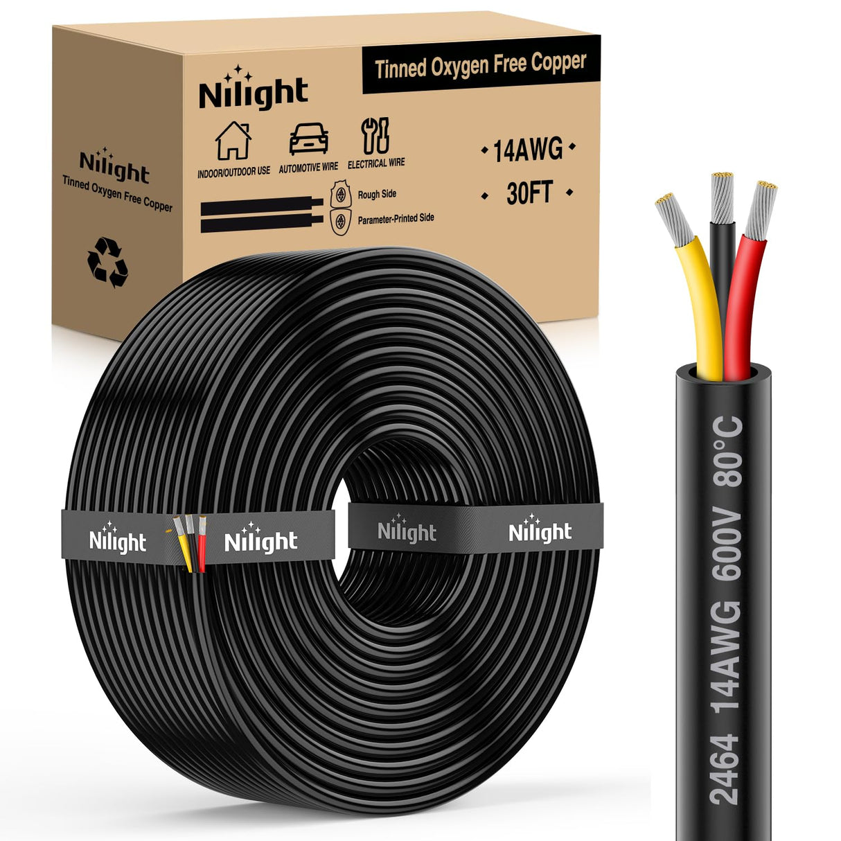 30FT 14AWG 3 Conductor Electrical Wire Tinned Oxygen Free Copper Red Black Yellow 3 Wires Parallel 600V DC Flexible PVC Case Extension Cords for LED Strips Lamps Lighting