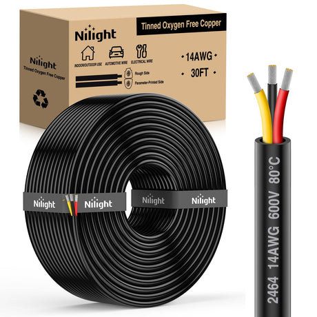 30FT 14AWG 3 Conductor Electrical Wire Tinned Oxygen Free Copper Red Black Yellow 3 Wires Parallel 600V DC Flexible PVC Case Extension Cords for LED Strips Lamps Lighting