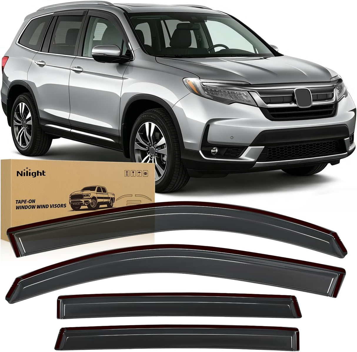 Outside-Mount Window Rain Guards for Honda Pilot 2016-2022, 4PCS | Tape on Window Visors Helps Vent Fresh Air in Rainy Weather, Honda Pilot 2016 2017 2018 2019 2020 2021 2022, Smoke Tinted
