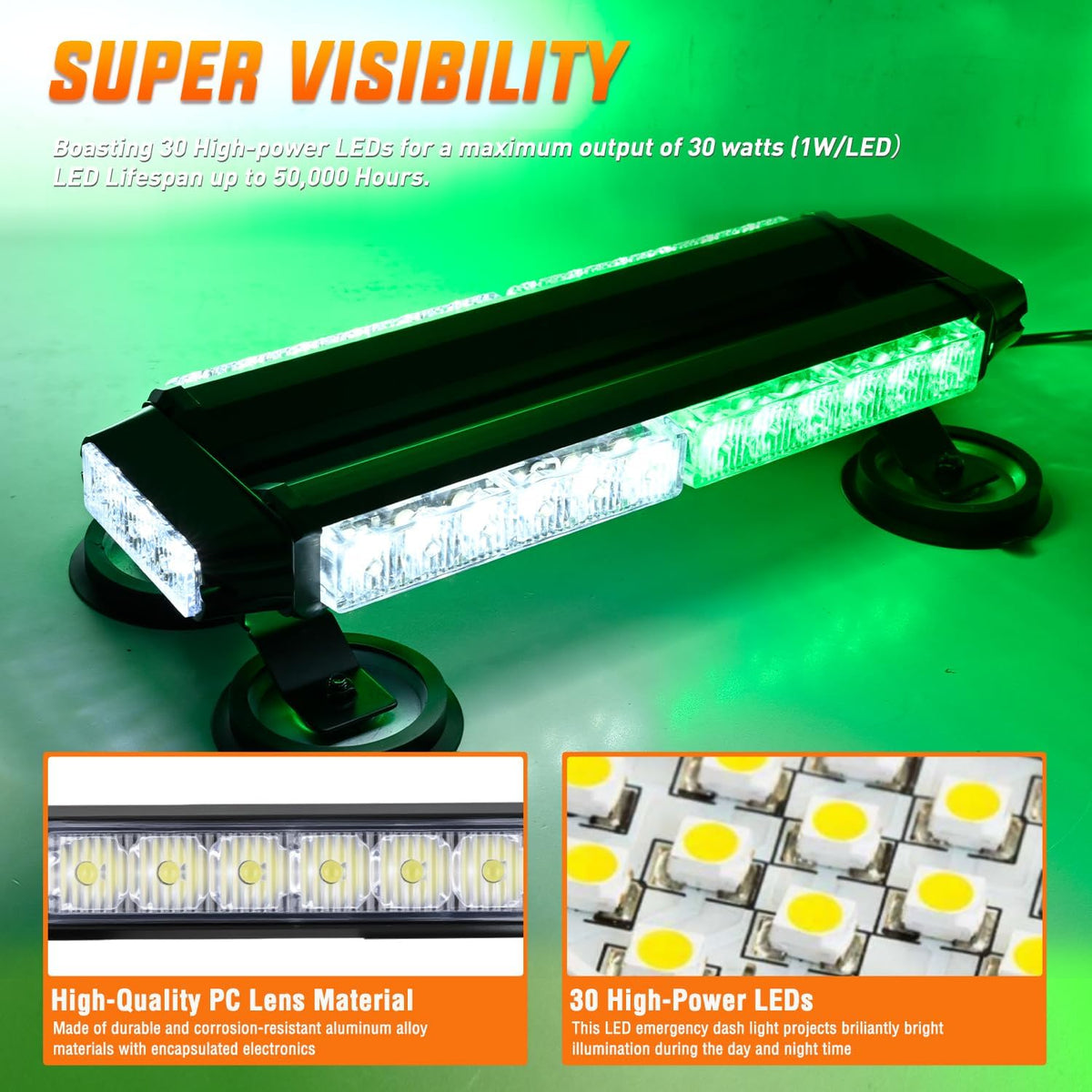 14.5 Inch 30LED Strobe Light Bar Double Side Rooftop Green White