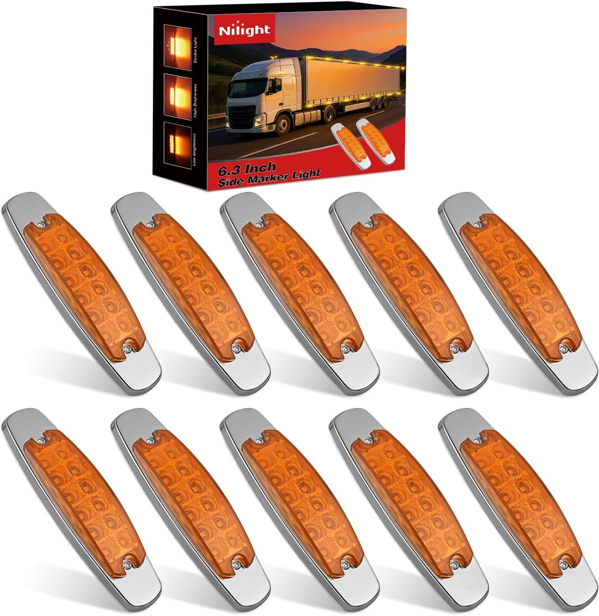 6.3 Inch Amber Rectangle Side Marker Light with High Low Strobe | 12 LED IP67 Waterproof Chrome Bezel 12V Surface Mount Marker & Clearance Light Fits Pickup Trucks Trailers RVs Boats,10 Pack