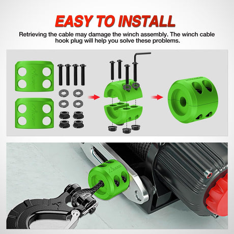 Winch Stopper for ATV UTV Truck SUV Winch Cable Hook Rubber Stopper 2 Pack Protect Towing Hook Synthetic Rope Winch Accessories Rope Line Saver with Stainless Steel Screws Allen Wrenc, Green