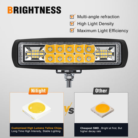 6 Inch Yellow LED Light Pods 2 PCS 60W Flood Spot Combo Beam Off Road Work Driving Fog Lighting for 12V 24V ATV UTV Pickup Truck Tractor Boat