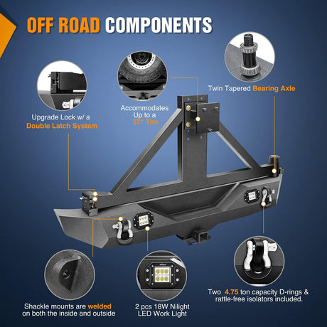 Rear Bumper & Spare Tire Rack & Hitch Receiver w/2 LED Lights Compatible for 2007-2018 Wrangler JK for 2007-2018 Wrangler JK & Unlimited
