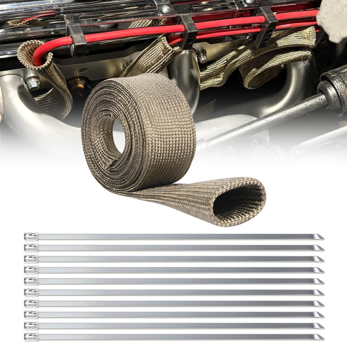 Titanium Spark Plug Wire Heat Shield Sleeve 1 Inch ID x 10' | 3632°F Heat Protection Cover for Fuel Line, Wire Loom, Brake Cable & Diesel Heater Exhaust