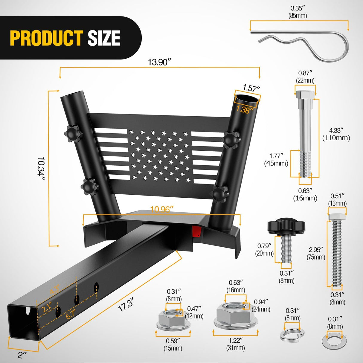 Dual Hitch Mount Flagpole Holder fits 2 Inch Receivers | Heavy Duty Metal Mount Kit Compatible with 0.87 to 1.38 Inch Diameter Flag Tube for Trucks SUV RV Pickup Camper Trailer Jeep