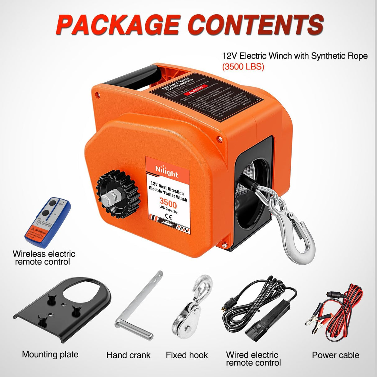 Boat Trailer Winch 3500 lbs Portable Electric Boat Winches 12 V DC Marine Winch with Steel Cable Remote Control & Hand Crank Power-In Freewheel Operat Waterproof Winch for Boat Trailer, Orange