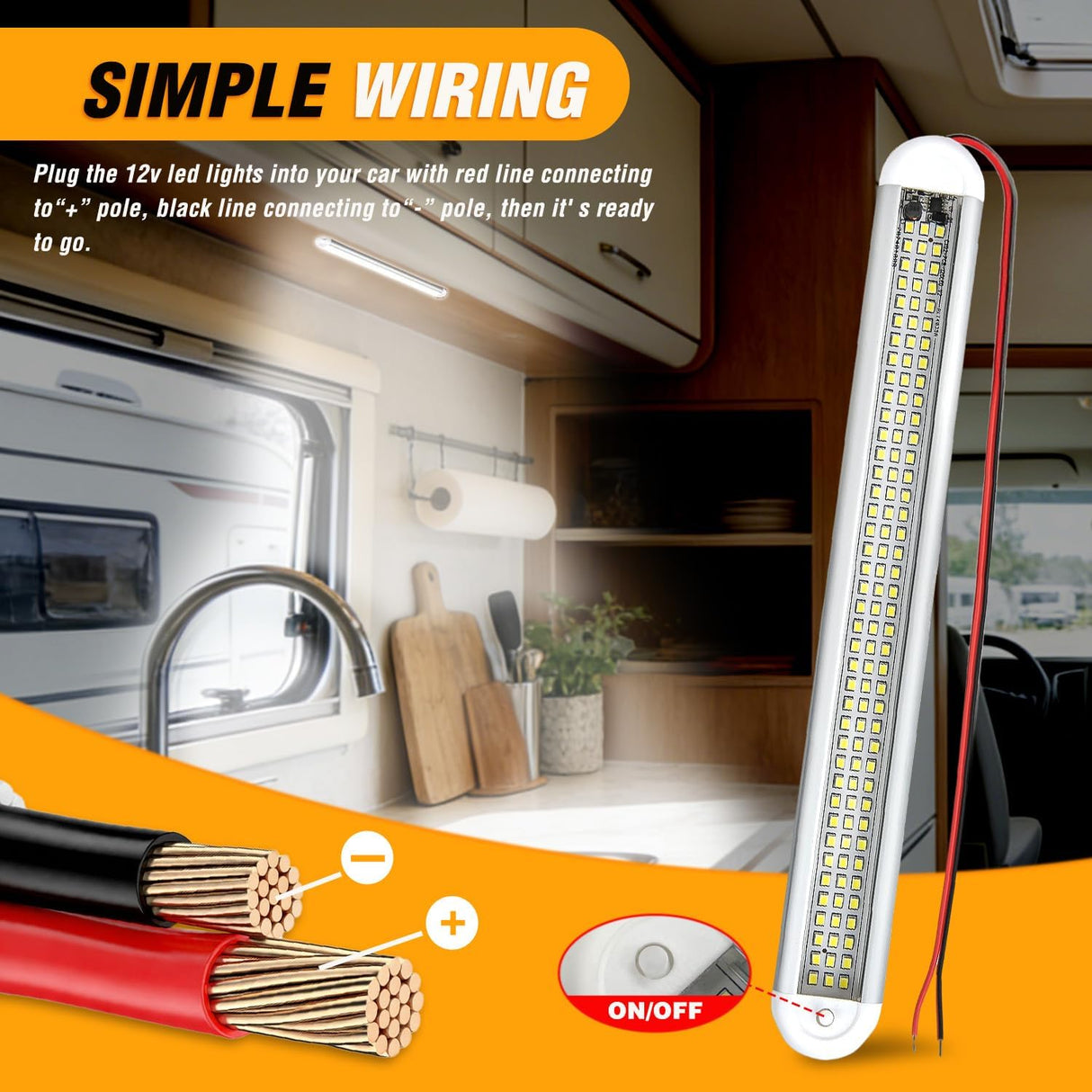 LED Interior Light Bar 8PCS 12 Inch Strip Lights | 120 LEDs with 1600LM Output On Off Switch and 12V to 85V Compatibility for RV Camper Enclosed Cargo Trailer Boat and Van