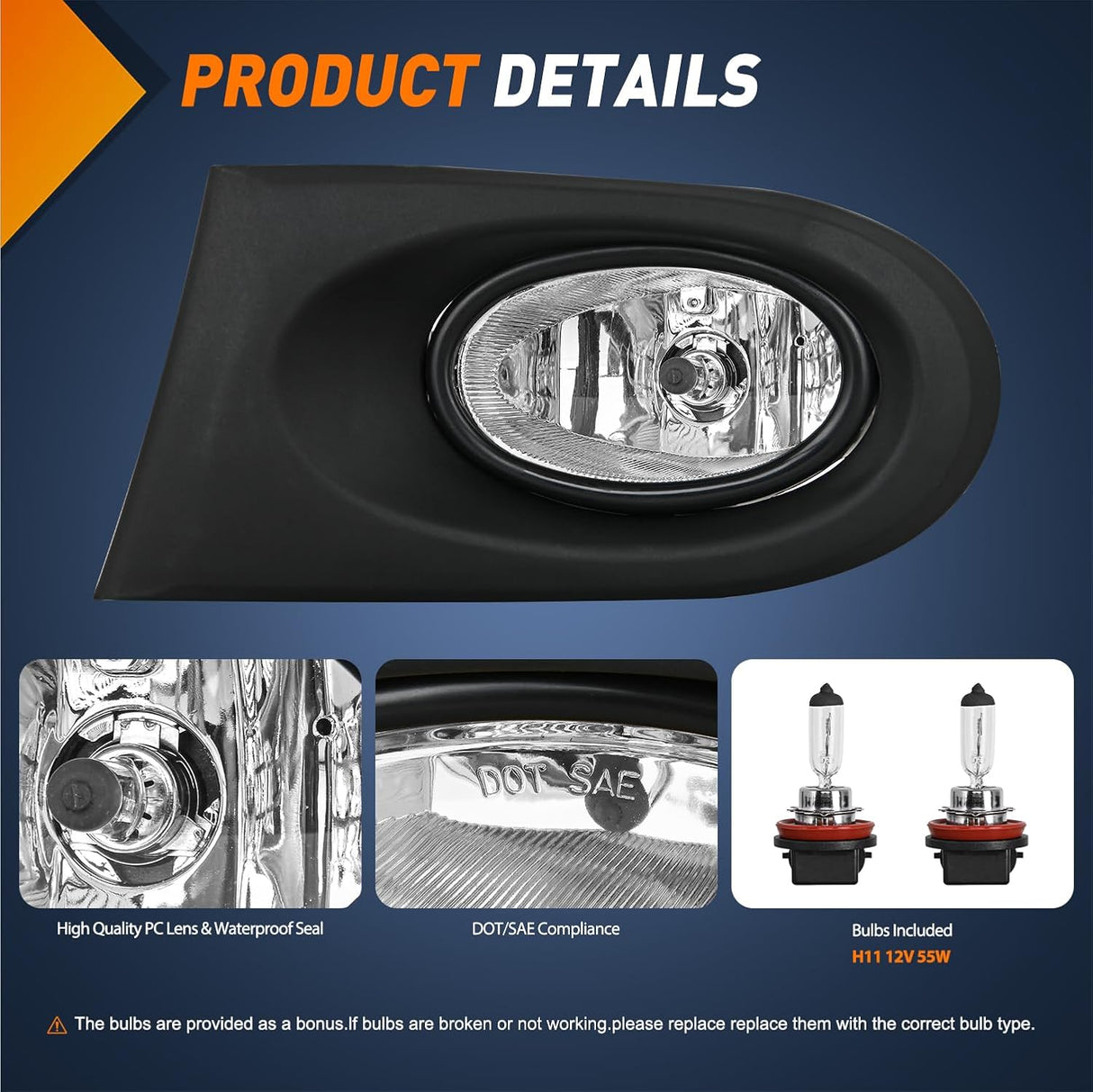 Fog Light Assembly Fog Lights Assembly Compatible with 2002 2003 2004 Acura RSX Left Driver and Right Passenger Side Clear Lens H11 12V 55W Bulbs
