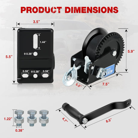 Boat Trailer Winch 1200 Lbs Hand Crank Winch Heavy Duty Boat Winches with 23Ft Strap Rope Hook 2-Way Ratchet 4:1 Gear Portable Marine Manual Winch for Trailers Boats RV ATV Jet Ski Towing