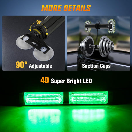 40LED Green Emergency Strobe Traffic Advisor Light Bar with Suction Cups Dash Safety Warning Hazard Flashing Lights Interior Front/Rear Windshield for Trucks Construction Vehicles