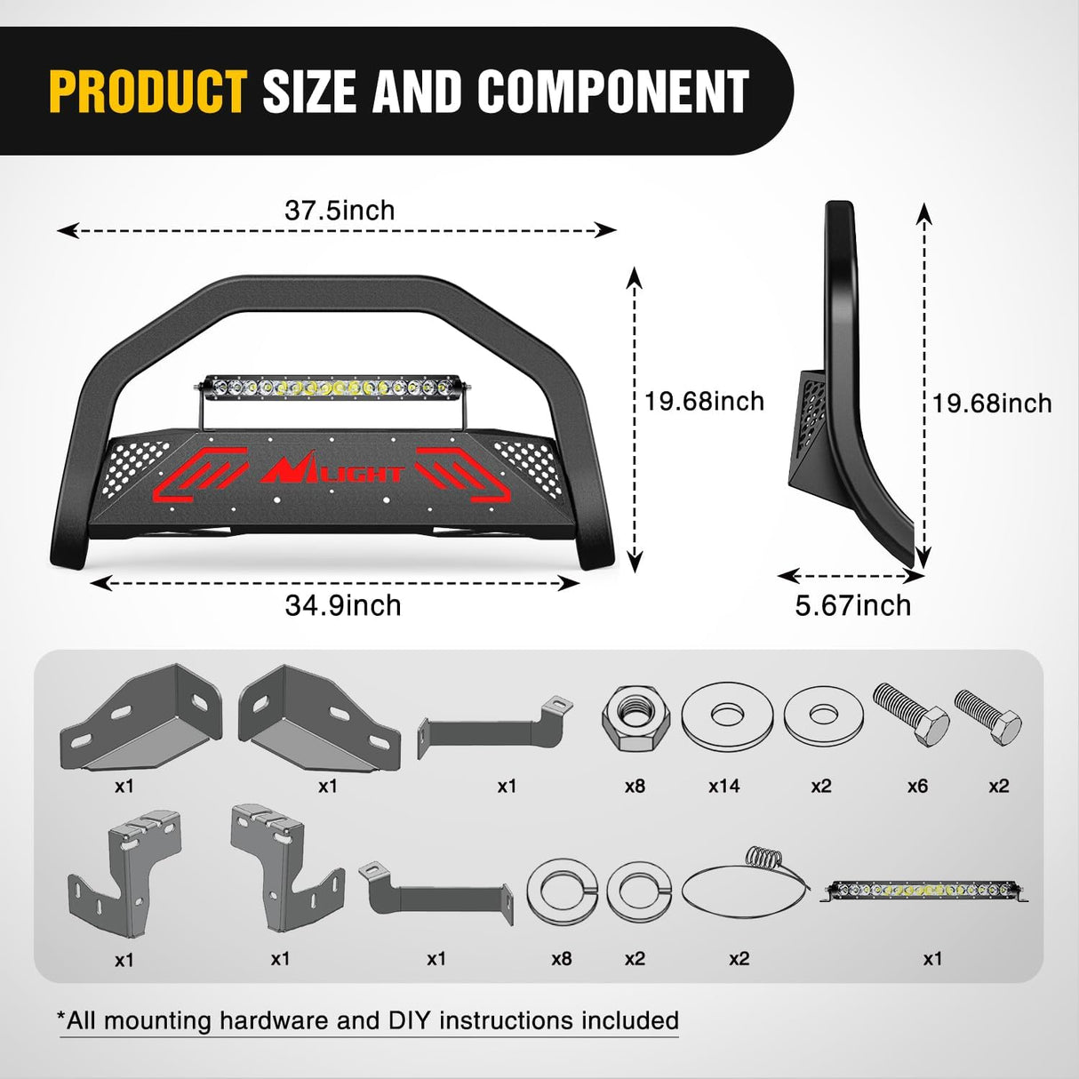 Bull Bar with Light Bar&License Plate Hole Compatible with Toyota Tundra 2022 2023 2024 Truck Brush Guard, Front Bumper Push Bar w/Grille Skid Plate Light Mount