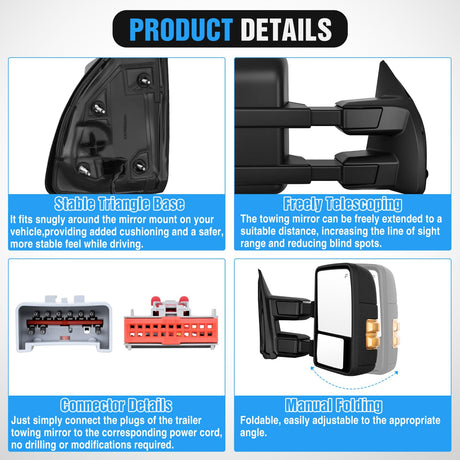 Towing Mirrors Turn Signal Puddle Lights Power Heated Adjustable Glass Manual Telescoping Folding Compatible With 2008-2016 Ford F250 F350 F450 F550 Super Duty
