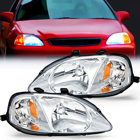 Headlight Assembly Headlight Assembly Chrome Case Amber Reflector Upgraded Clear Lens For 1999 2000 Honda Civic (Pair)