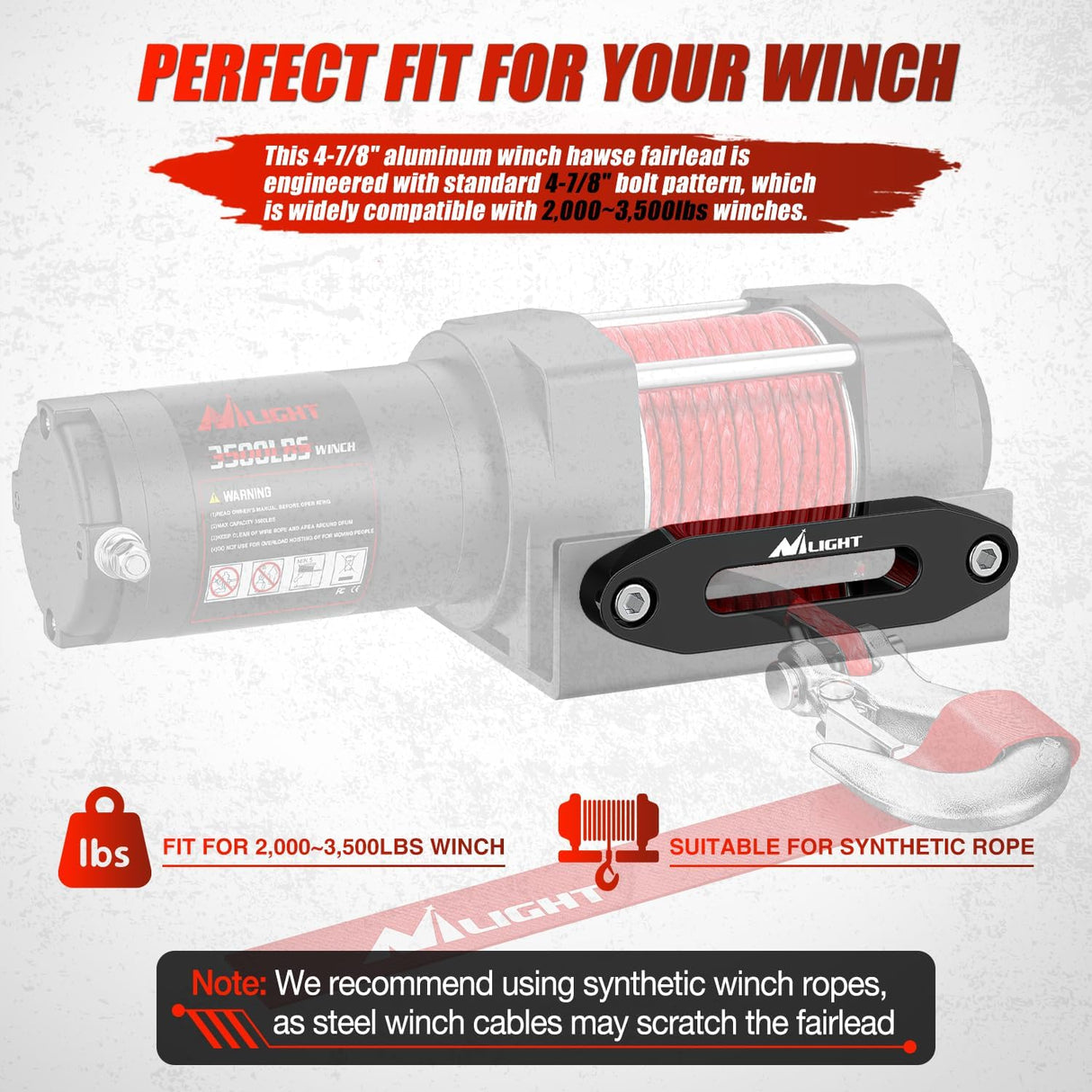 Winch Fairlead 4-7/8 Inch (124mm) Aluminum Hawse Fairlead Hole Spacing with Mounting Hardware Winch Hawse Fairlead for Synthetic Rope 2000-3500 LBS UTV ATV Winch Accessory Anodized Black