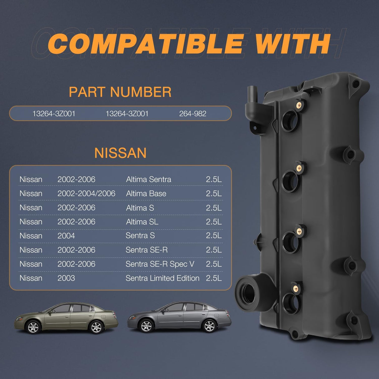 Engine Valve Cover Set for Nissan Altima S SL 2002 2003 2004 2005 2006, Base 2002-2004 2006, for Sentra S 2004, Engine Valve Cover for Sentra SER, SER Spec V 2002-2006, 2.5L (Bolts Included)