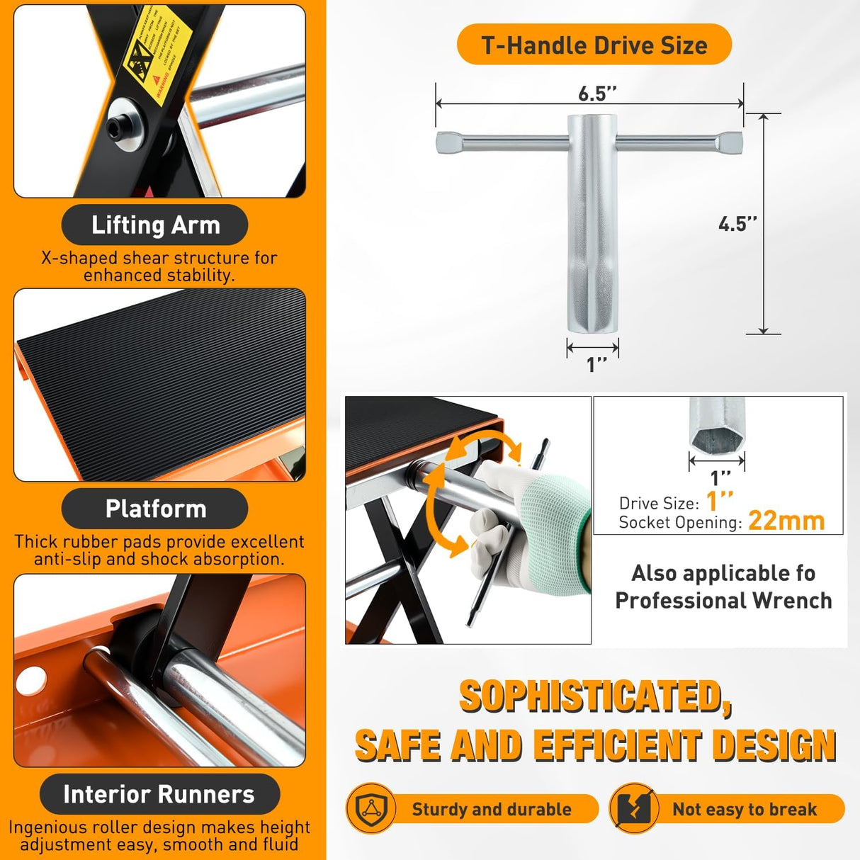 Motorcycle Lift Jack 1100 LBS Scissor Jacks Stand Lift with Wide Deck Safety Pin Handle 3.4 Inch-14.2 Inch Height Adjustable Hoist Stand Garage Repair Lifter for Motorcycles ATV Dirt Bike, Orange