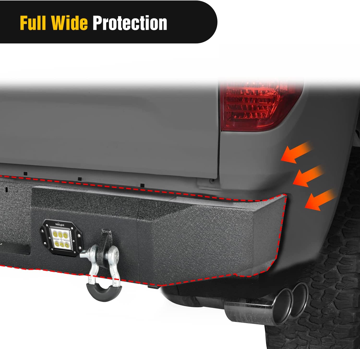 2007-2013 Toyota Tundra Rear Step Bumper Full Width Textured Black Solid Steel Off-Road with 2Pcs Upgraded 18W LED Lights D-Rings Nilight