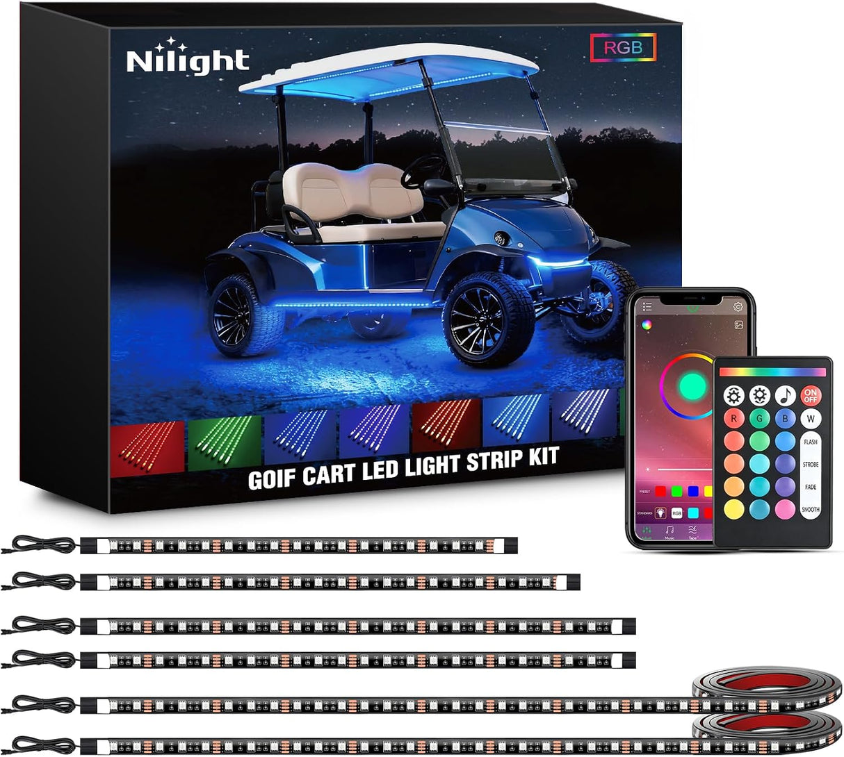 6PCS Golf Cart RGB LED Underglow Light Strips Kit APP & Remote | Multi-Mode Neon Accent Lighting Lamp Sound Active Music Sync IP67 Waterproof 12V-66V Input for EZGO Yamaha Club Car