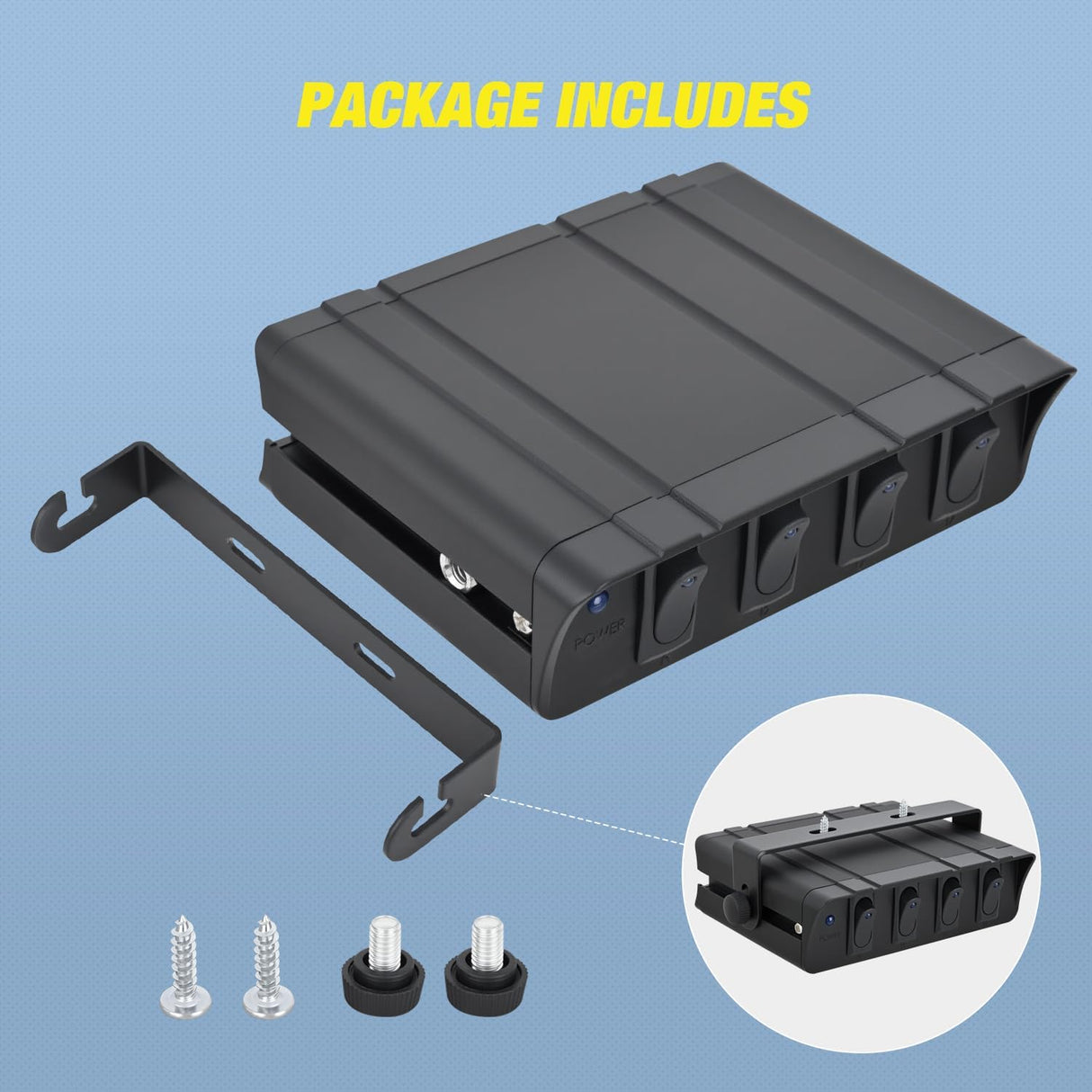 4 Gang Rocker Switch Box Waterproof SPST Toggle Panel Blue LED 12V 24V 20A 40Amp Max for Automotive Cars Vehicles Boats RVs Campers SUVs