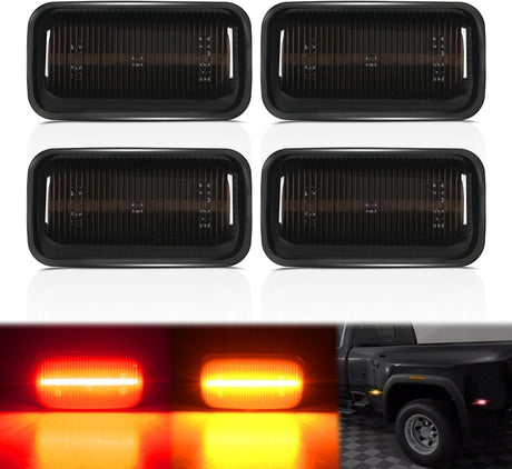 Fender Side Marker Lights 4 PCS 21 LED Smoke Lens Red Amber Front Rear Clearance Light Compatible with 2015-2022 Chevy Silverado GMC Sierra 2500HD 3500HD Dual Wheeler Trucks