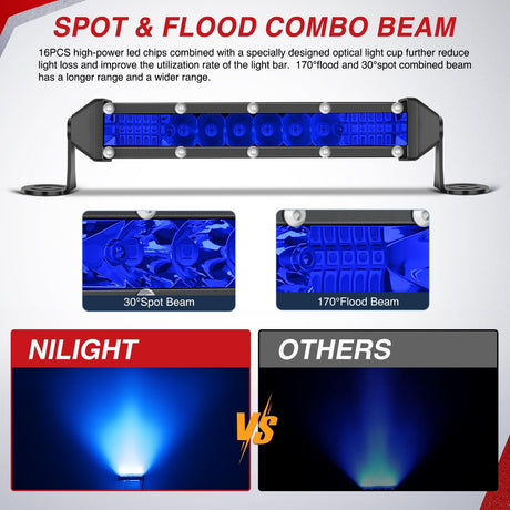 Slim LED Light Bar 2Pcs 7 Inch 16LED Single Row Spot Flood Combo Blue Off Road Driving Fog Fishing Hunting Emergency Safety Signal Lighting for 12V 24V ATV UTV Pickup Truck Tractor Boat