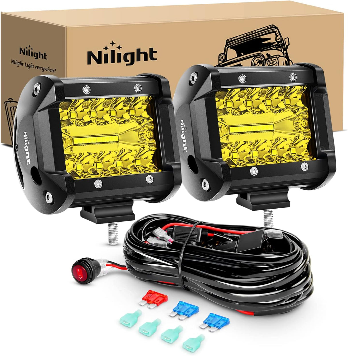2PC 4Inch Yellow Led Pods Triple Row 60W Flood Spot Combo Driving Fog Lights with 16AWG Switch Wiring Harness Kit-2 Leads for Offroad Pickup Trucks ATV UTV SUV, 2 Years Warranty