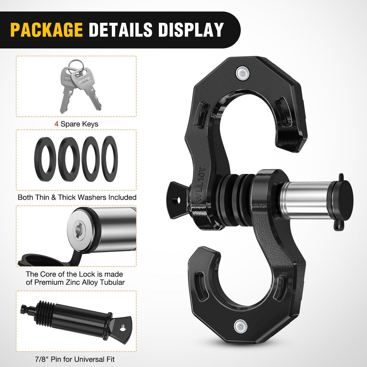 2 Pack 3/4 Inch D-Ring Separate Shackle with 7/8 Inch Lock Pin 45,000 lbs Break Strength, Off Road Recovery Shackle with Isolators Washers for Use with Tow Strap, Winch, Truck Vehicle (Black)