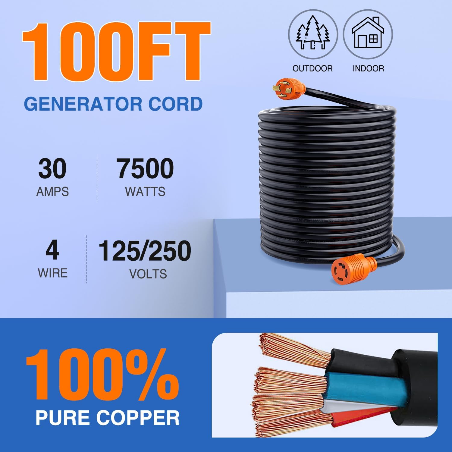 30Amp 100FT Generator Extension Cord Drag Tool Nilight