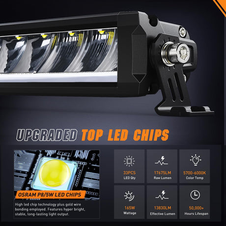 LED Light Bar with Amber DRL 40.3 Inch 165 W Single Row Anti-Glare Flood Spot Combo DRL Slim Offroad Light IP68 w/ 14 AWG DT Wiring Kit for Pickup Truck SUV ATV UTV Boat 4x4