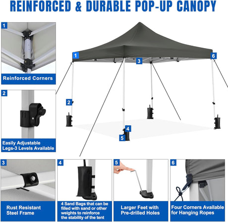 10x10 Pop Up Canopy Tent with 4 Sidewalls Portable Folding Outdoor Canopy Easy Setup Gazebo Waterproof Instant Popup Shelter Tent w Wheeled Carry Bag sandbags for Events Parties Camping, Gray